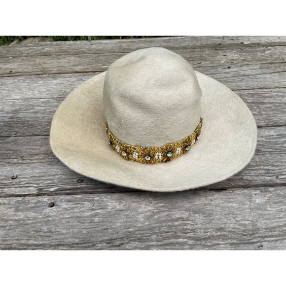Vintage 1960s Felted Wool Bucket Hat Rhinestone Pearl Band Helios Jan Leslie - Picture 1 of 16